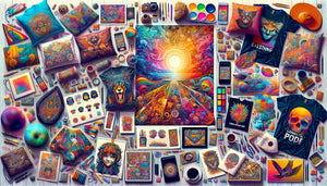 A vibrant collage showcasing a diverse array of print-on-demand products including apparel, home decor, and accessories, each adorned with unique and colorful artwork, setting an inspirational and creative tone for exploring the possibilities of POD.