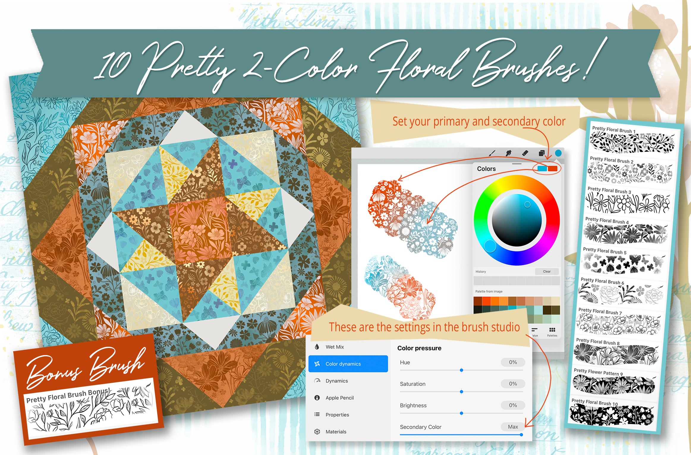 Volume 125 - Procreate Pretty 2-Color Floral Brushes and Quilt Asset Pack
