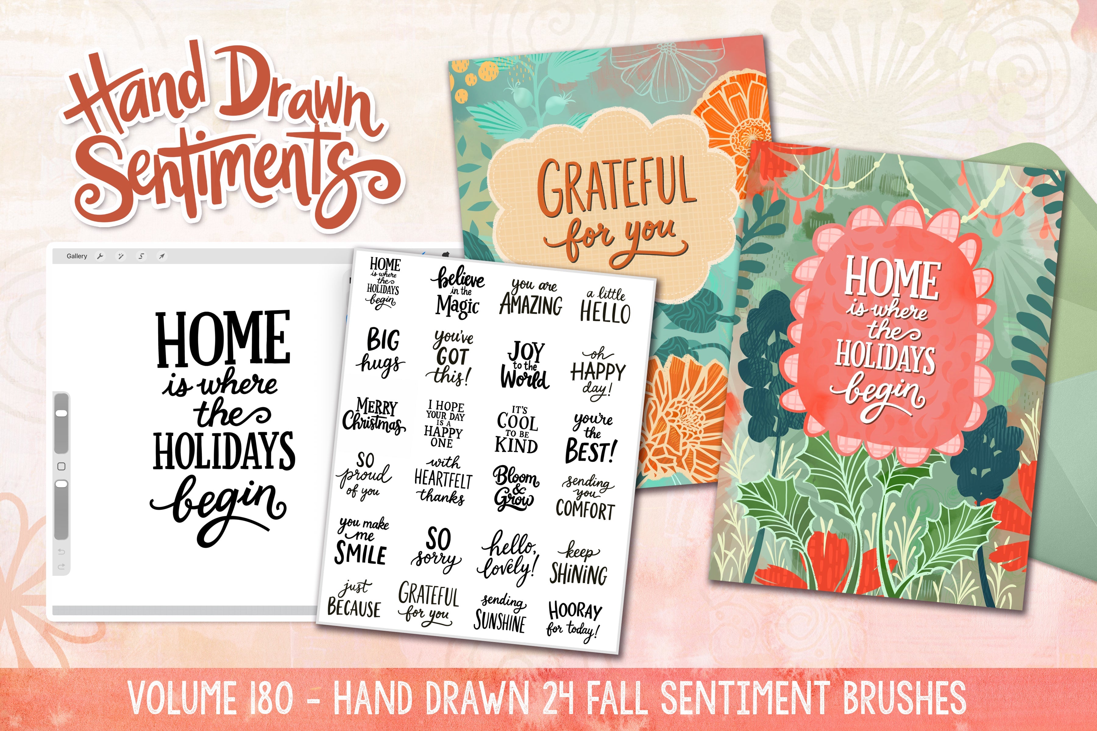 Hand-Drawn Fall Sentiment Brushes chart, 24 sentiments