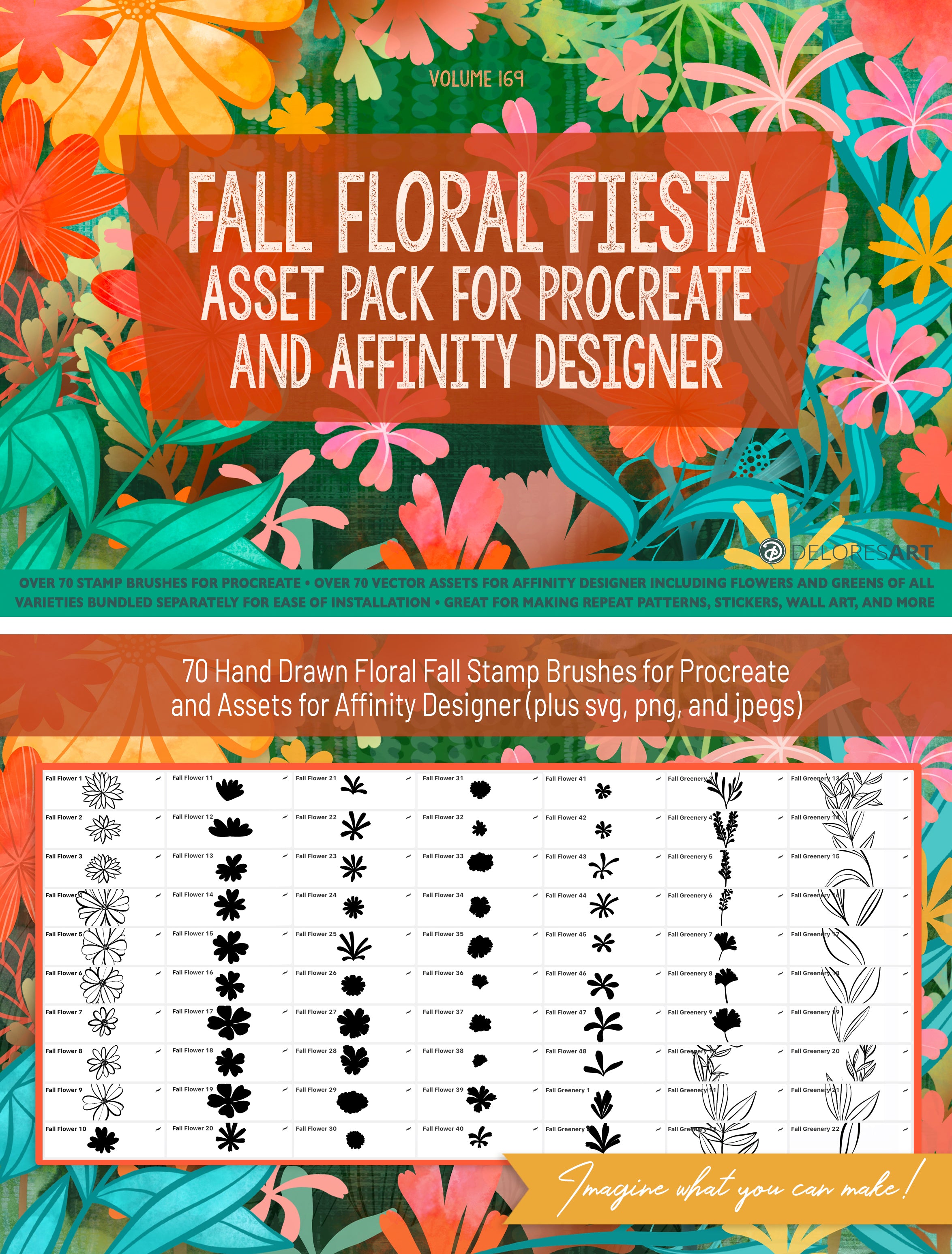 Volume 169 - Fall Floral Fiesta Brush Set and Asset Pack for Procreate and Affinity Designer - deloresartcanada