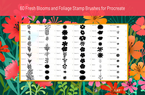 Volume 120 - Fresh Blooms and Foliage for Procreate (60) Full Set - deloresartcanada
